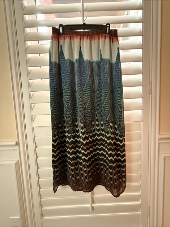 Maeve Dresses & Skirts - Maeve Feather-Print Pleated Maxi Skirt in Teal and Brown